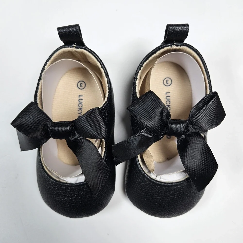 Lucky Brand Mary Jane Flats Girls 3 Black Bow Satin Ribbon Crib Shoes 6-9m NEW‎